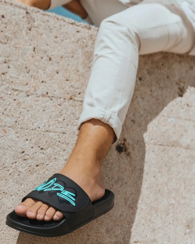 bewakoof Men's Black Blaze Mode Printed Velcro Sliders